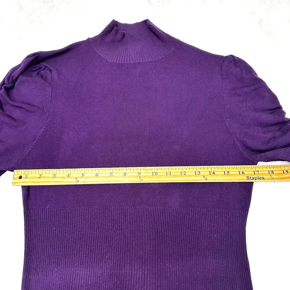 Bebe Women Purple Ribbed Mock Neck Puff Sleeve Sweater Knit Top Sweater Sz Large